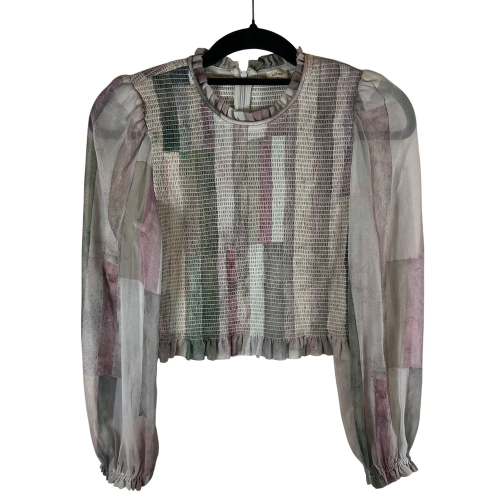 Wilfred Aritzia Smocked Cropped Blouse Multicolor Abstract Pastel Chiffon Medium